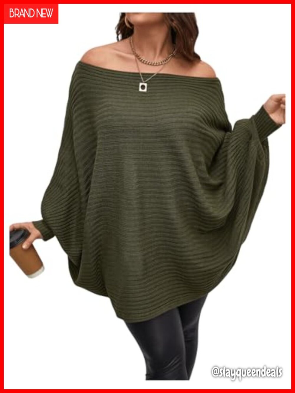 Plus Size Off Shoulder Rib Knit Sweater Pullover Long Sleeve Batwing